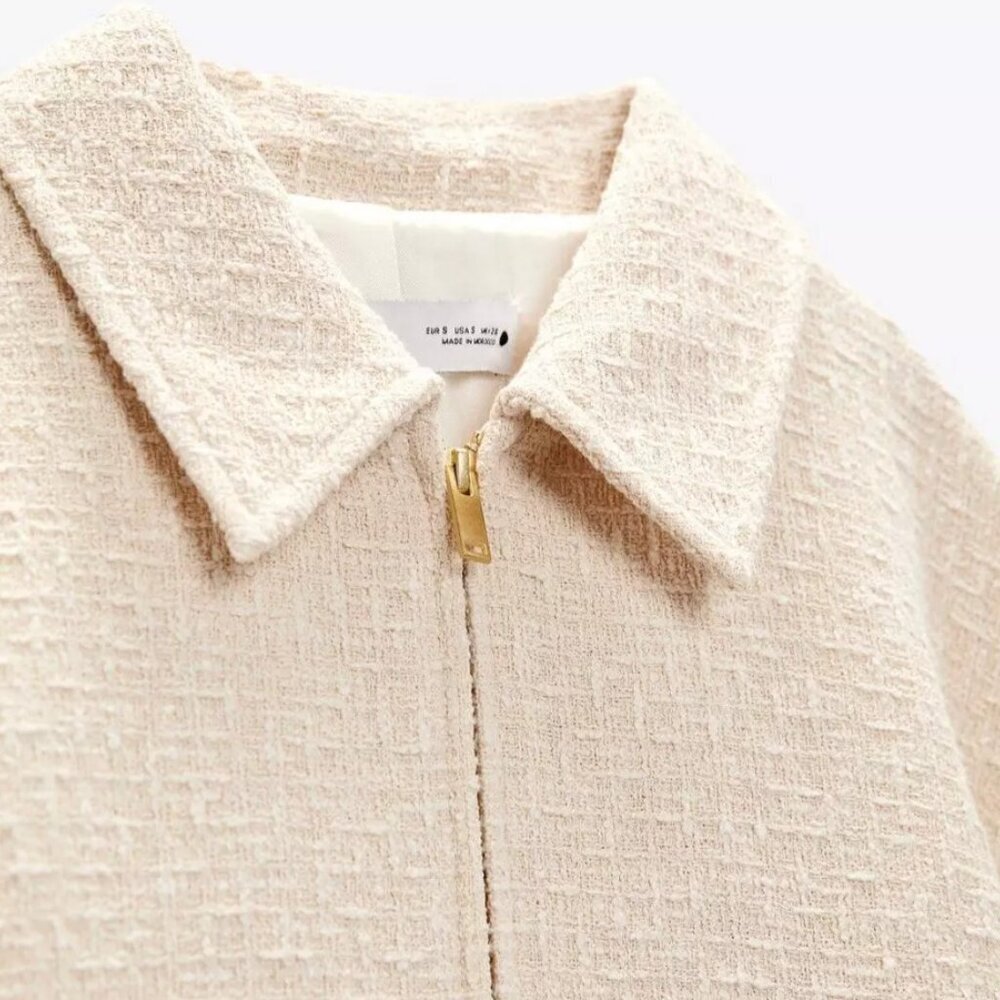 Zara Woven Cropped Bomber Jacket Ecru Cream White SIZE S 2920/469/712 - Picture 6 of 6